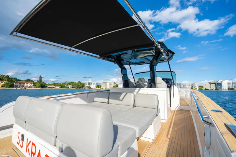  Yacht Photos Pics 2021 Pardo Yachts 38 on water, featuring sleek design and spacious seating.
