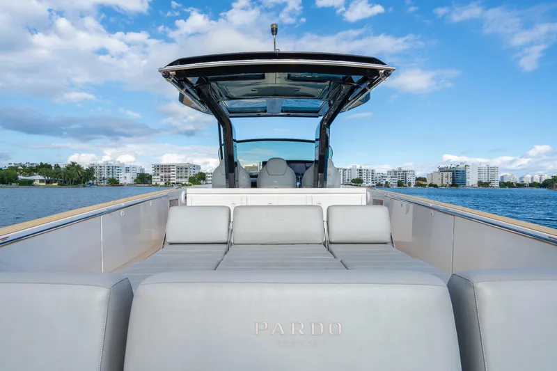  Yacht Photos Pics 2021 Pardo Yachts 38 on water, showcasing sleek design and luxury seating.