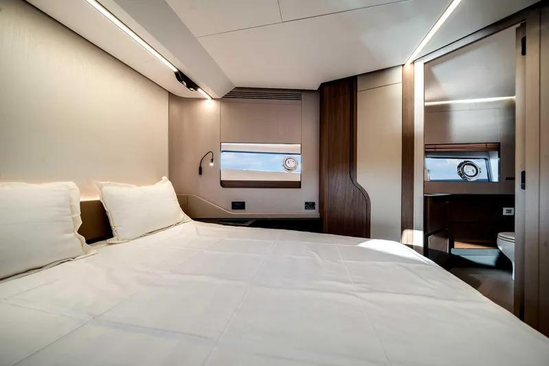  Yacht Photos Pics Luxurious interior of 2025 Azimut S8 yacht cabin with modern design and elegant furnishings.