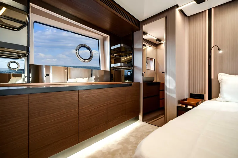  Yacht Photos Pics Luxurious interior of 2025 Azimut S8 yacht with modern wood finishes and ocean view.