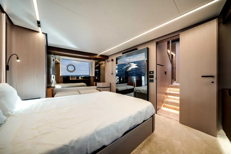  Yacht Photos Pics Luxurious interior of 2025 Azimut S8 yacht with modern bedroom design.