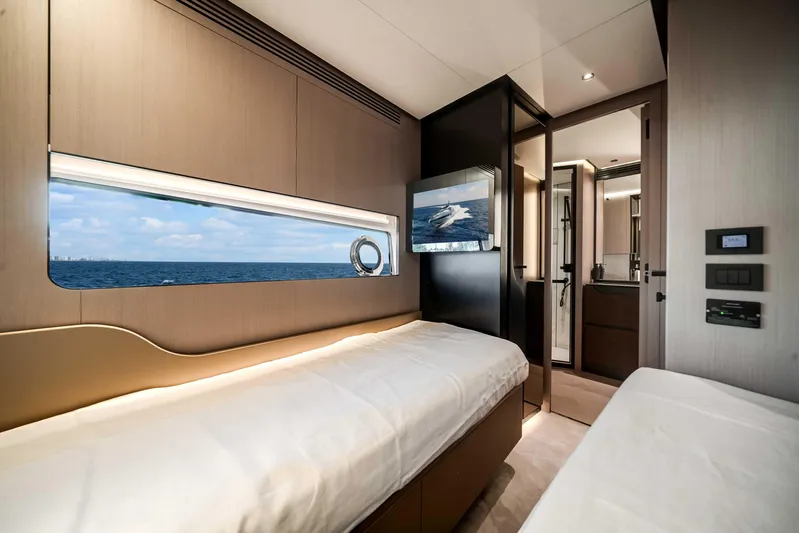  Yacht Photos Pics Luxurious 2025 Azimut S8 yacht cabin with ocean view and modern interior design.