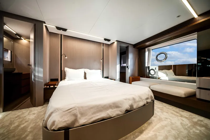  Yacht Photos Pics Luxurious bedroom interior of 2025 Azimut S8 yacht with modern design and ocean view.