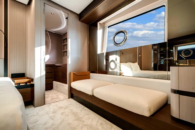  Yacht Photos Pics Luxurious interior of 2025 Azimut S8 yacht with modern design and large window view.