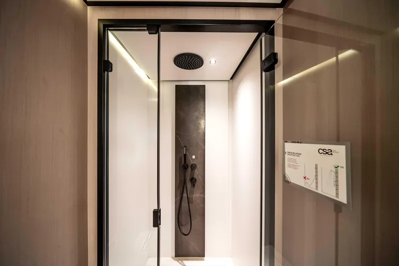  Yacht Photos Pics Luxurious shower in 2025 Azimut S8 yacht, featuring modern design and sleek fixtures.