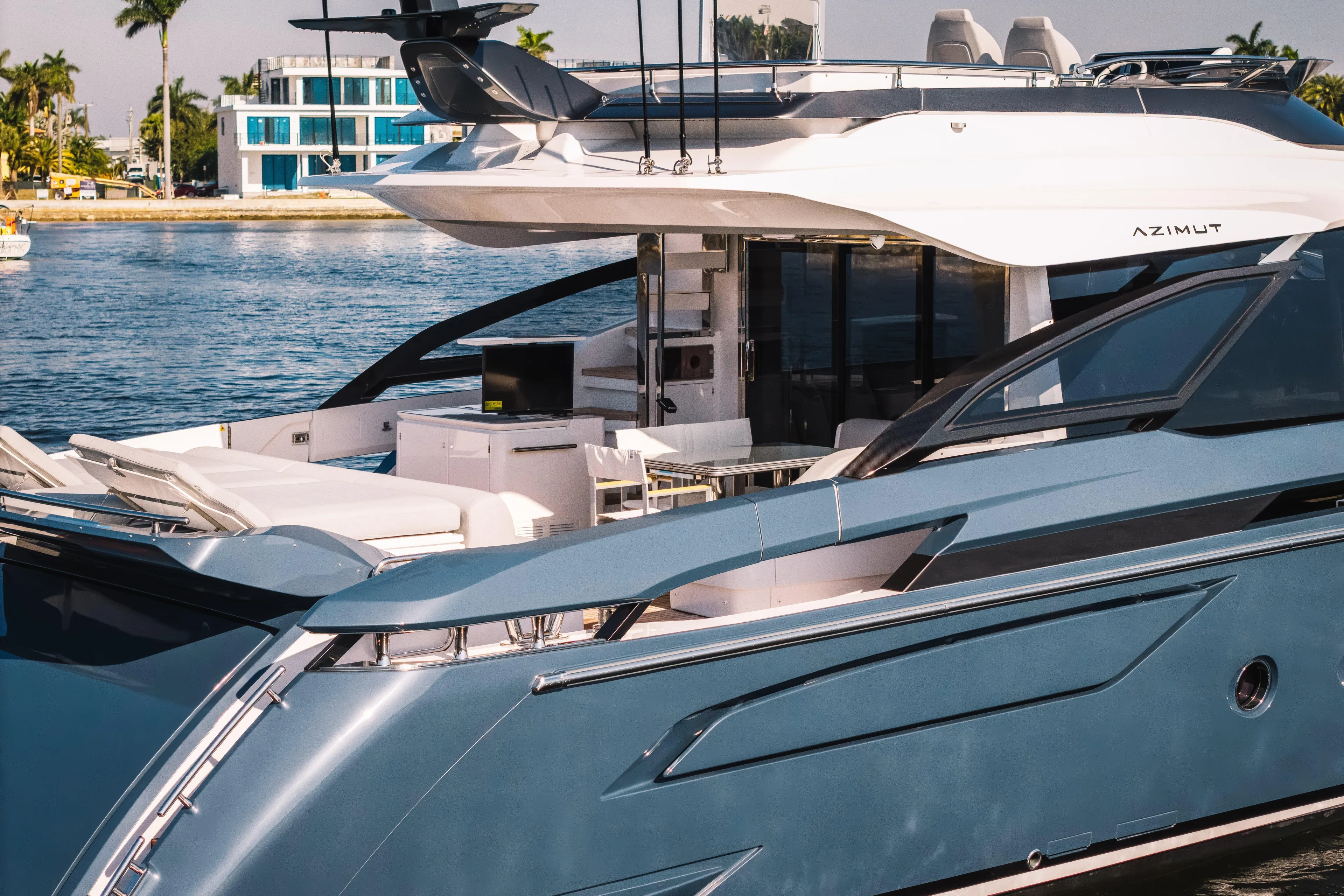  Yacht Photos Pics 2025 Azimut S8 luxury yacht docked by the waterfront, showcasing sleek design and modern amenities.