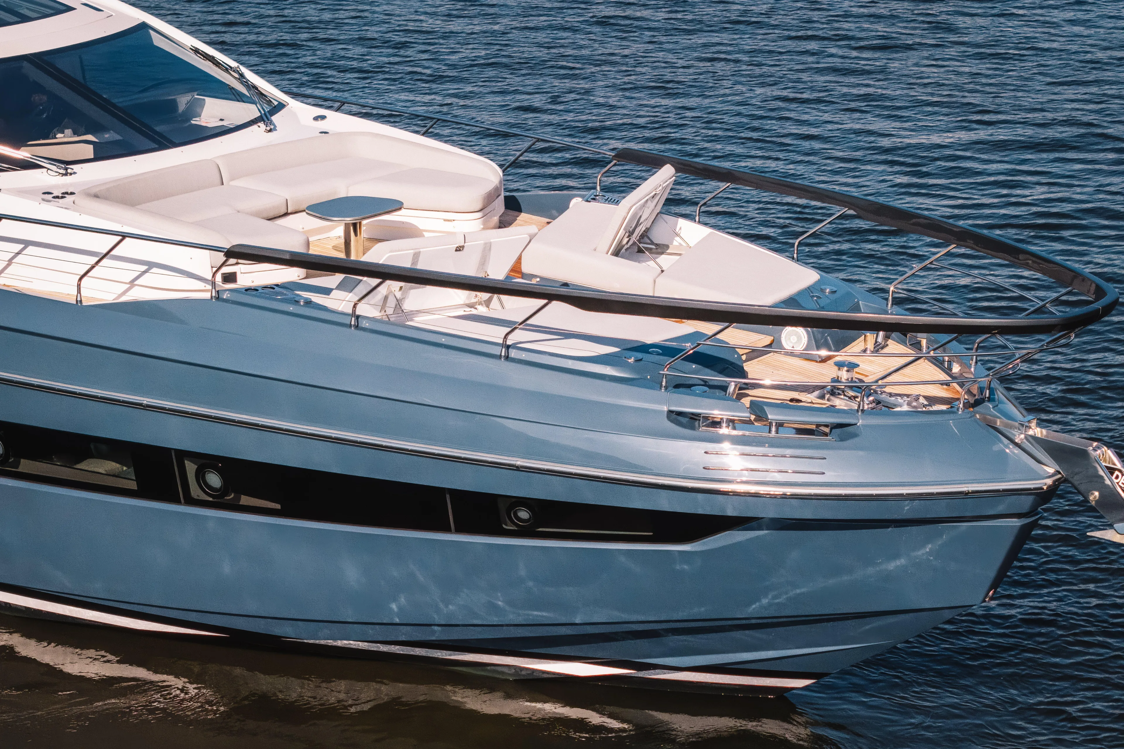  Yacht Photos Pics 2025 Azimut S8 luxury yacht on calm blue water, showcasing sleek design and modern features.