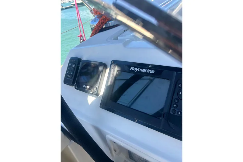 Yacht Photos Pics Beneteau Oceanis 48 yacht cockpit with Raymarine navigation system, 2015 model.