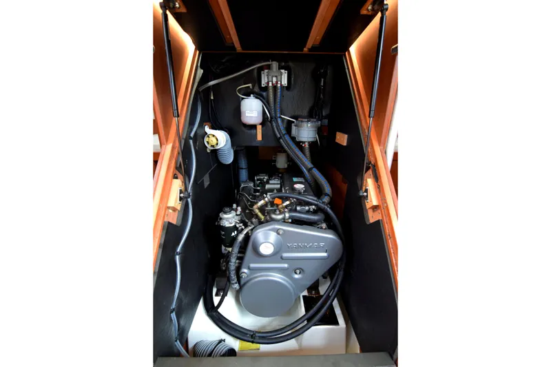  Yacht Photos Pics Engine compartment of 2015 Beneteau Oceanis 48 sailboat, featuring Yanmar engine.