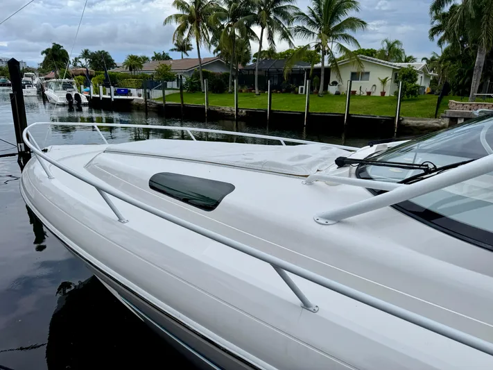  Yacht Photos Pics 2023 Intrepid 438 Evolution yacht docked by palm trees and waterfront homes.