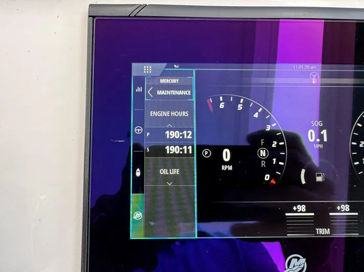  Yacht Photos Pics Digital dashboard of 2023 Intrepid 438 Evolution showing engine hours and RPM.