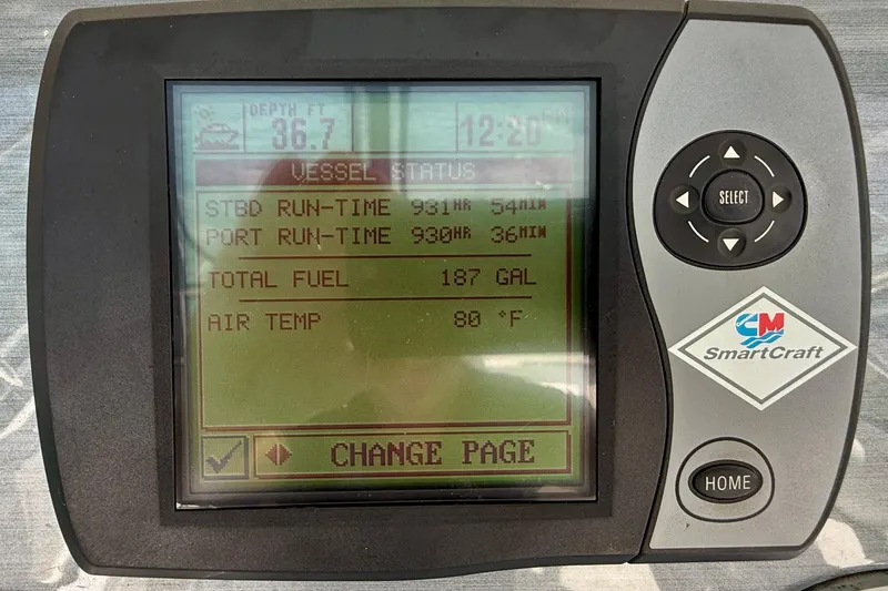 One Shot Yacht Photos Pics SmartCraft display on 2007 Sea Ray 52 Sedan Bridge showing vessel status and fuel data.