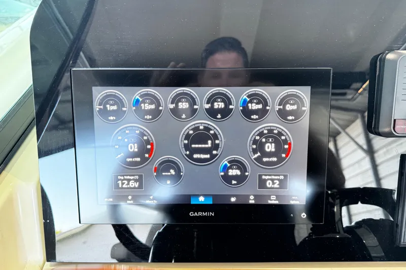  Yacht Photos Pics Garmin display on 2019 Chris-Craft Catalina 26 showing engine metrics and navigation data.