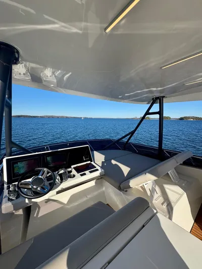Sandybay Yacht Photos Pics Prestige 520 Fly 2022 yacht helm with scenic lake view.