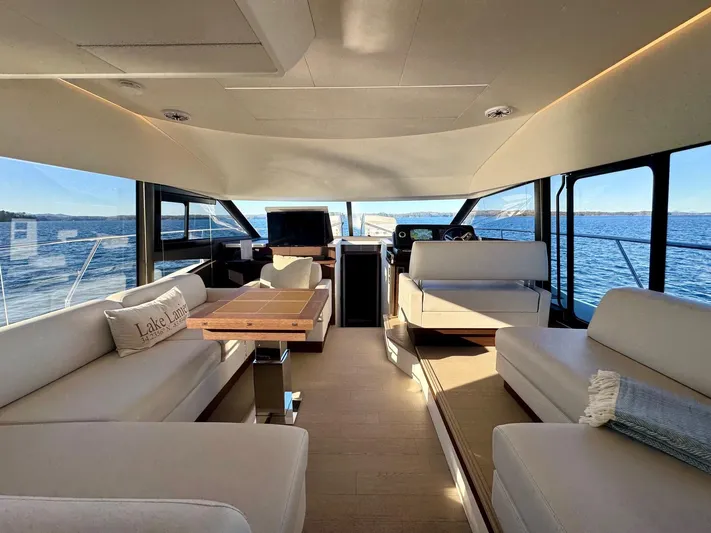 Sandybay Yacht Photos Pics Luxurious interior of 2022 Prestige 520 Fly yacht with elegant seating and panoramic windows.