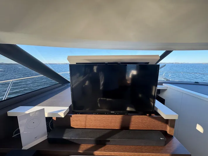 Sandybay Yacht Photos Pics Prestige 520 Fly 2022 yacht interior with TV and ocean view.
