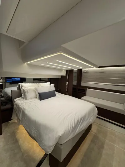 Sandybay Yacht Photos Pics Luxurious bedroom interior of 2022 Prestige 520 Fly yacht with modern design.