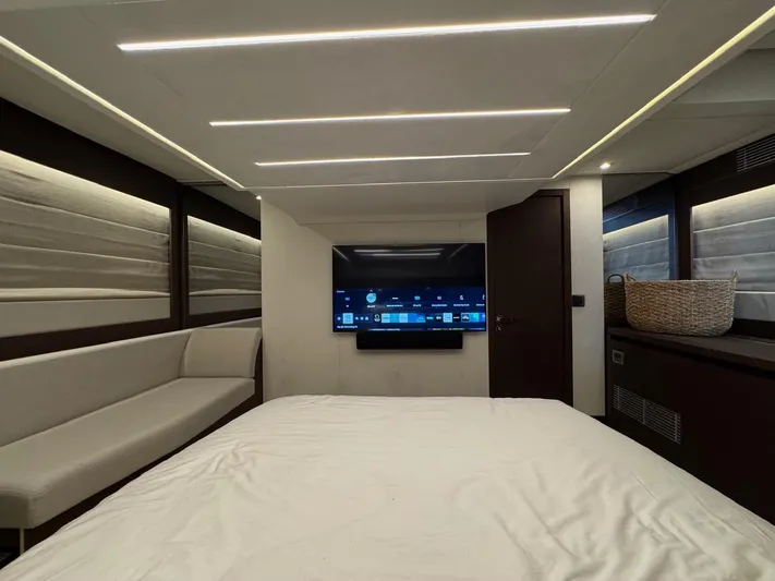 Sandybay Yacht Photos Pics Luxurious interior of 2022 Prestige 520 Fly yacht with modern design and TV.