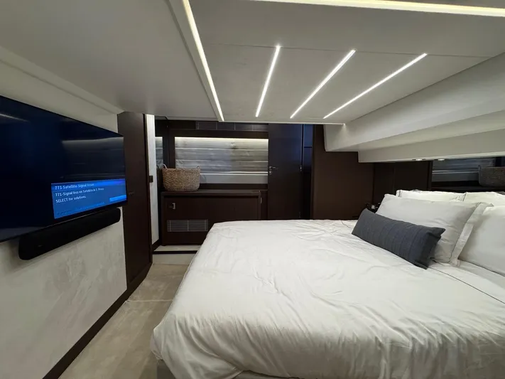 Sandybay Yacht Photos Pics Luxurious bedroom interior of 2022 Prestige 520 Fly yacht with modern design and ambient lighting.