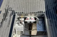 Open hatch on Davy & Orsted 10.50 boat, revealing mechanical components, 2018 model.