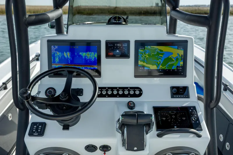  Yacht Photos Pics 2025 Yellowfin 26 Hybrid boat dashboard with advanced navigation and control systems.