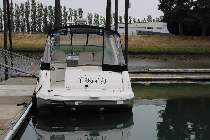 O Sea D Yacht Photos Pics 2007 Sea Ray 340 Sundancer docked at marina, rear view with canopy.