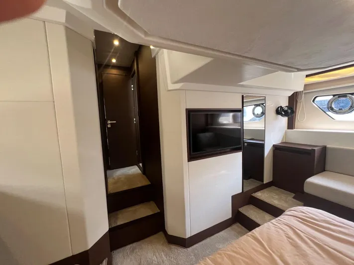  Yacht Photos Pics Luxurious interior of 2018 Prestige 460 Fly yacht with modern design and cozy seating.
