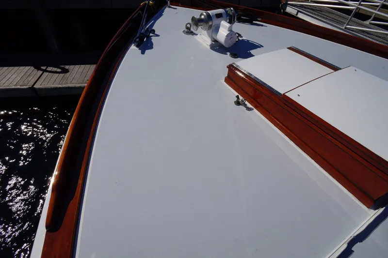 Liberty Love Yacht Photos Pics Deck of 1954 Trumpy 68 Motor Yacht with polished wood accents.