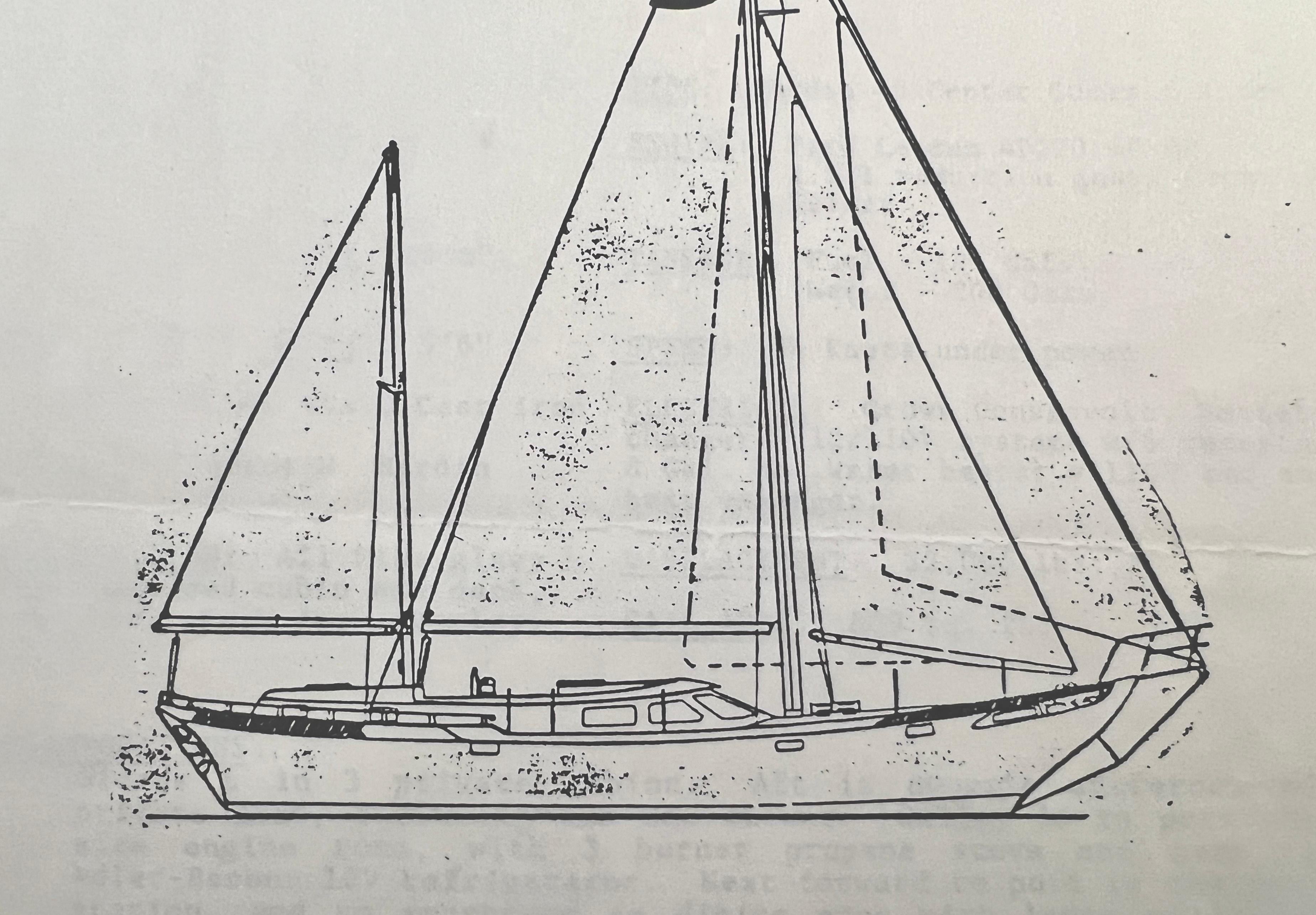 Line drawing of a 1981 Hardin Voyager 45 Ketch sailboat, side view.
