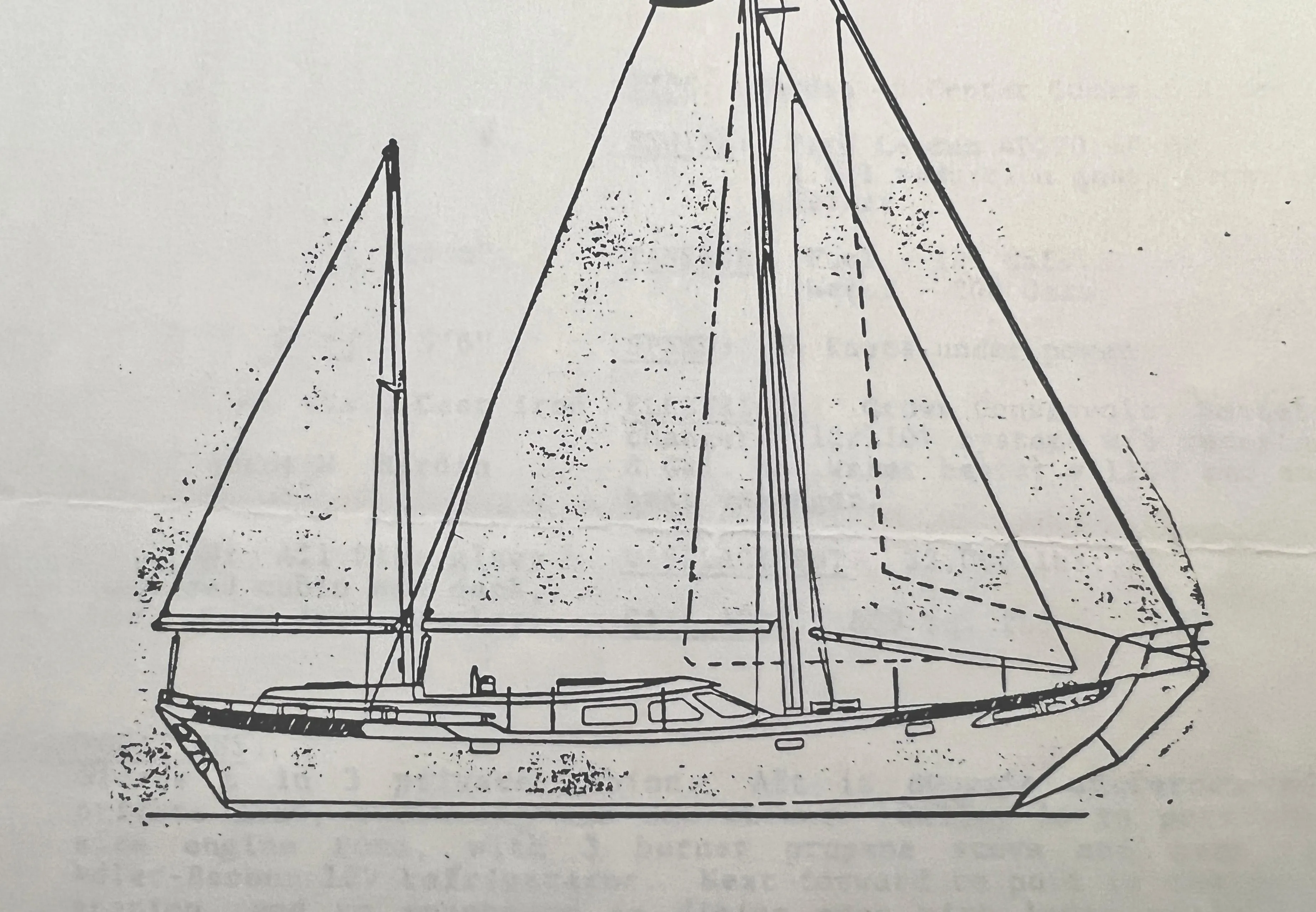 Line drawing of a 1981 Hardin Voyager 45 Ketch sailboat, side view.