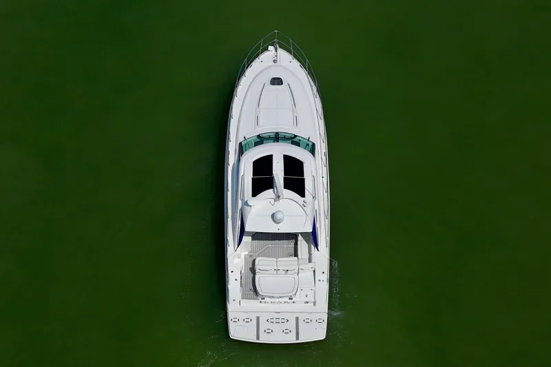 La Vie En Rose Yacht Photos Pics Aerial view of 2009 Sea Ray 470 Sundancer yacht on green water.