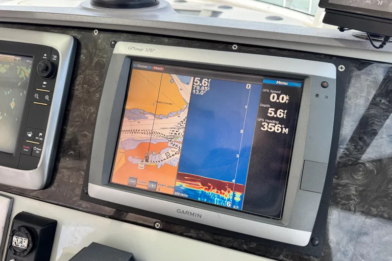 La Vie En Rose Yacht Photos Pics Garmin GPS display on 2009 Sea Ray 470 Sundancer, showing navigation and depth data.