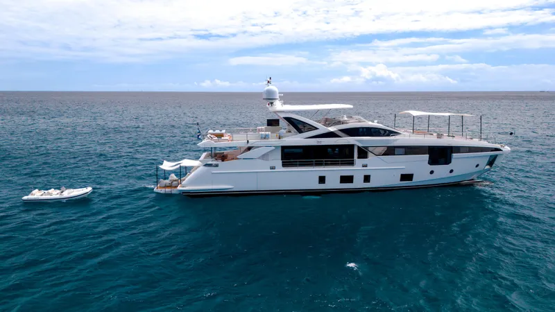  Yacht Photos Pics Luxury Azimut Grande 32 Metri yacht, 2020 model, cruising on open sea.