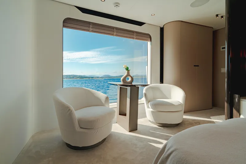  Yacht Photos Pics Luxurious interior of 2020 Azimut Grande 32 Metri yacht with ocean view.