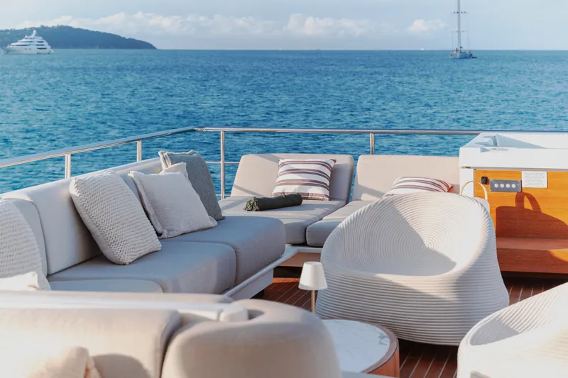  Yacht Photos Pics Luxurious deck of 2020 Azimut Grande 32 Metri yacht with ocean view.