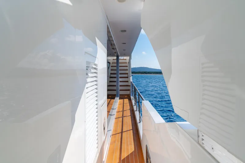  Yacht Photos Pics Side deck view of 2020 Azimut Grande 32 Metri yacht with ocean backdrop.