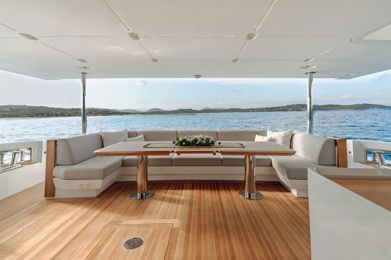  Yacht Photos Pics Luxurious Azimut Grande 32 Metri yacht deck with elegant seating and ocean view, 2020 model.