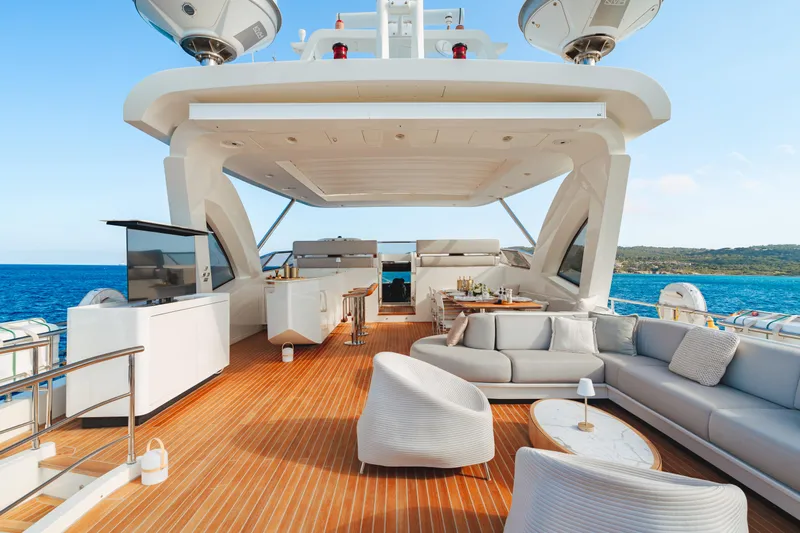  Yacht Photos Pics Luxurious Azimut Grande 32 Metri yacht deck with elegant seating, ocean view, 2020 model.