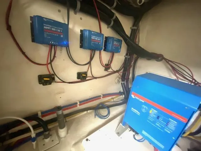 Korkzcrew Yacht Photos Pics Electrical system setup in a 2008 Great Harbour N37 boat, featuring multiple blue control units.
