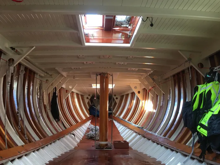 Wings K-15 Yacht Photos Pics Interior of a 1937 Classic 12-metre yacht, showcasing wooden beams and life jackets.