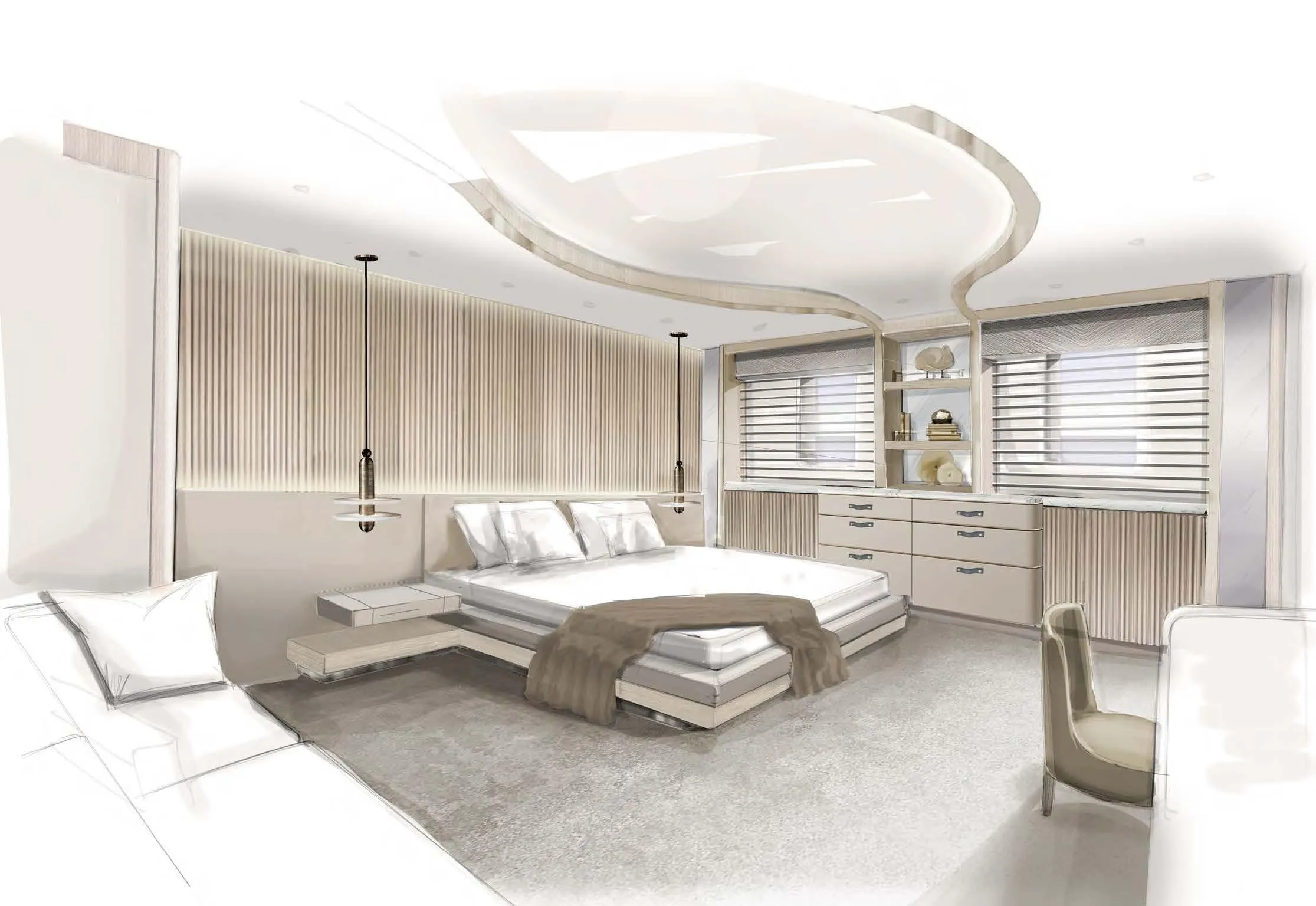 Modern bedroom design with sleek furniture, neutral tones, and ambient lighting, 2025 custom model.