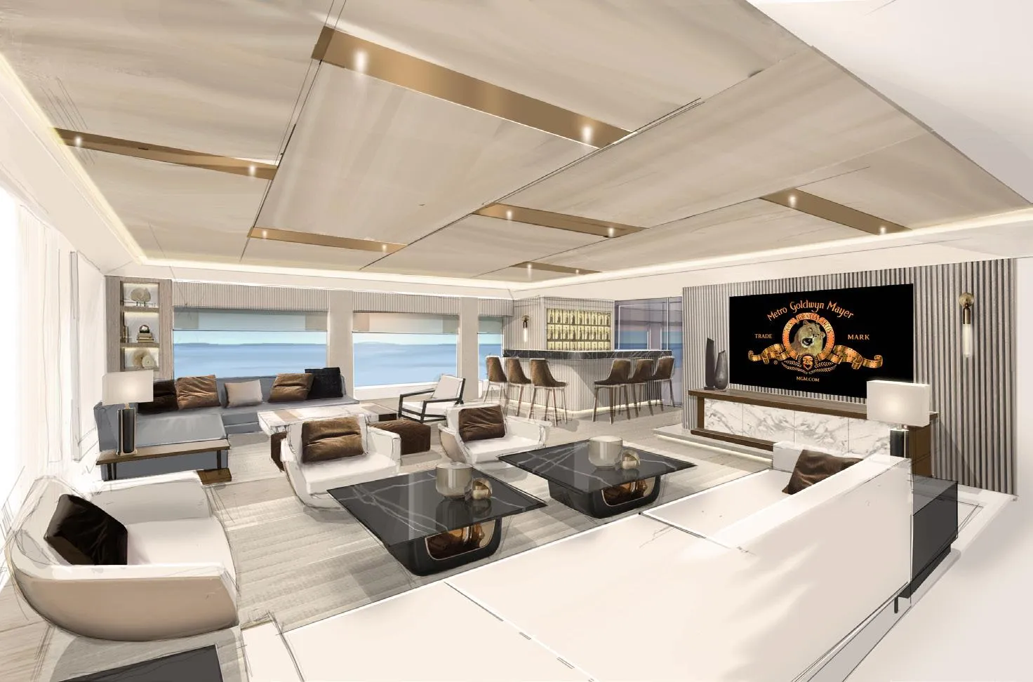 Luxurious modern yacht interior with elegant seating, ocean view, and sleek design, 2025 custom model.