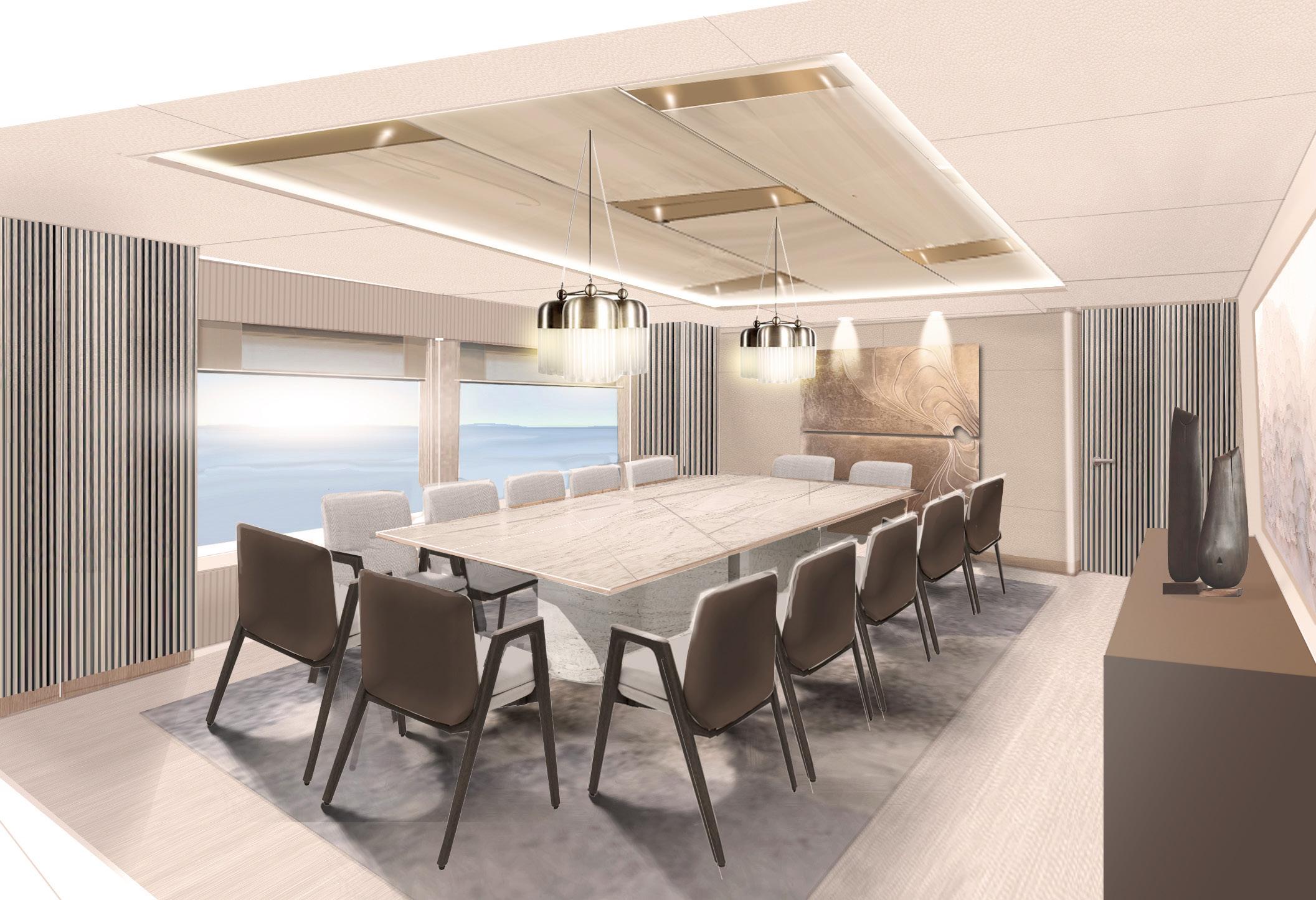 Modern conference room with large table, elegant chairs, and stylish lighting, 2025 design.