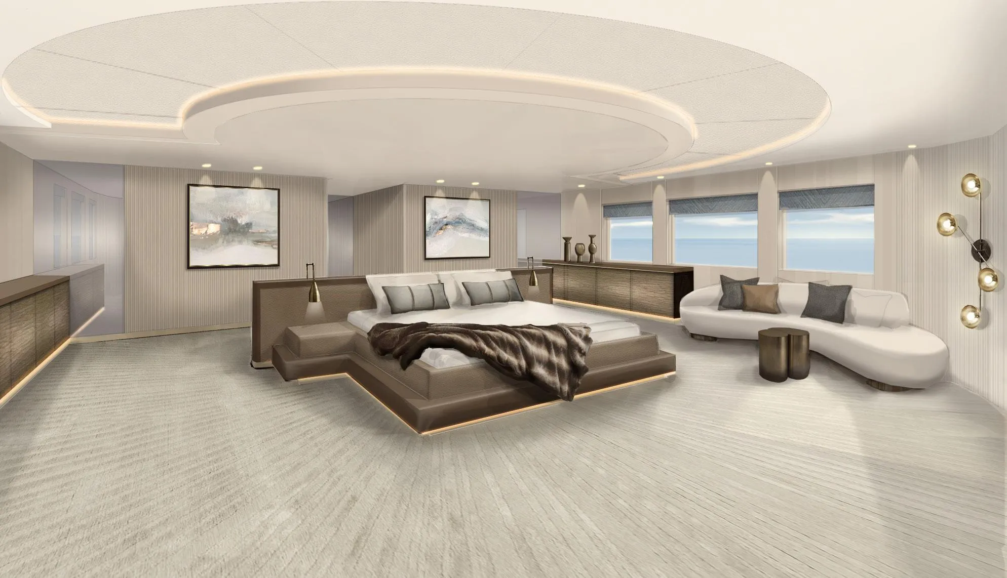 Luxurious modern bedroom with panoramic windows, elegant decor, and ambient lighting, 2025 design.