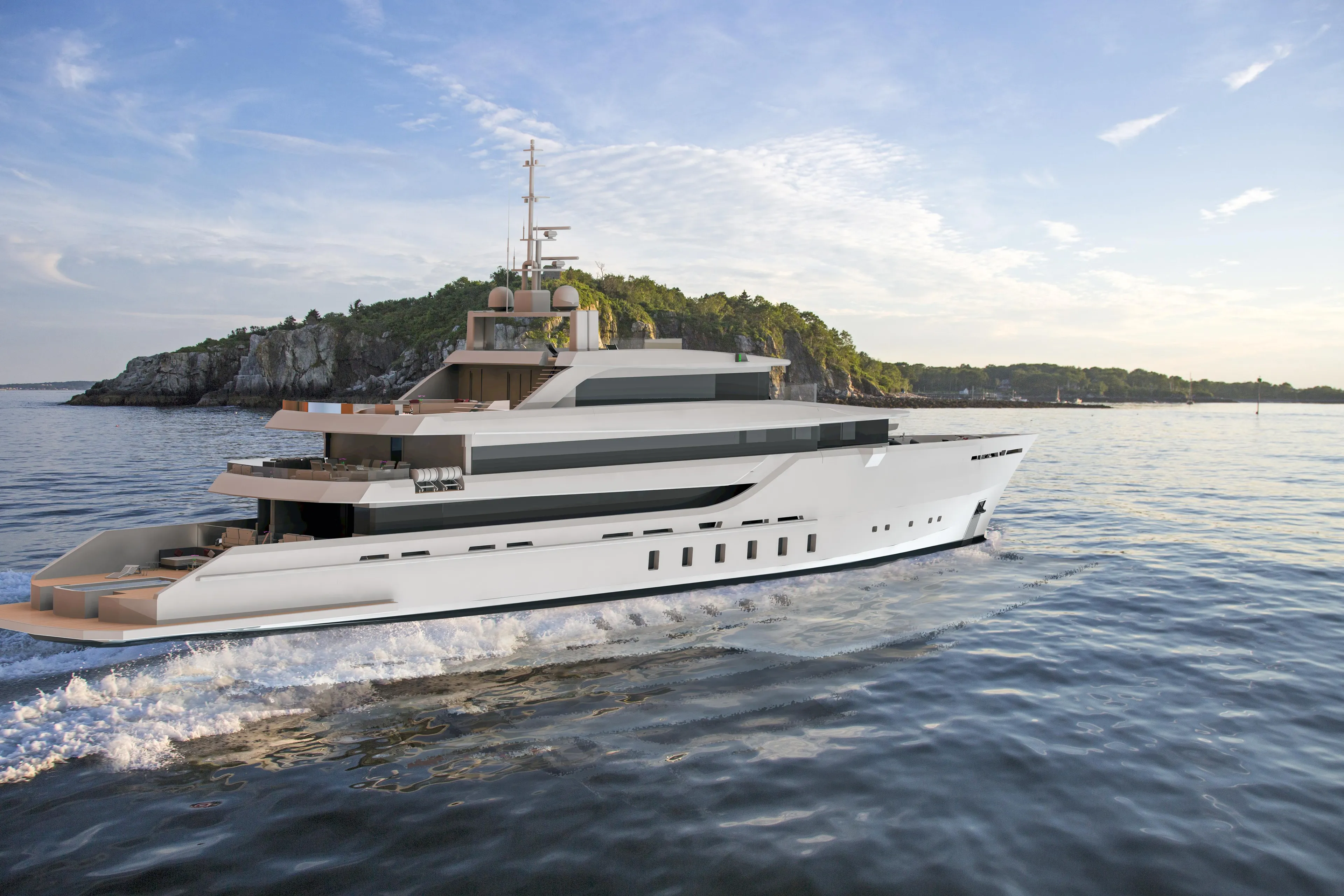 Luxurious 2025 custom yacht cruising near an island under a clear blue sky.