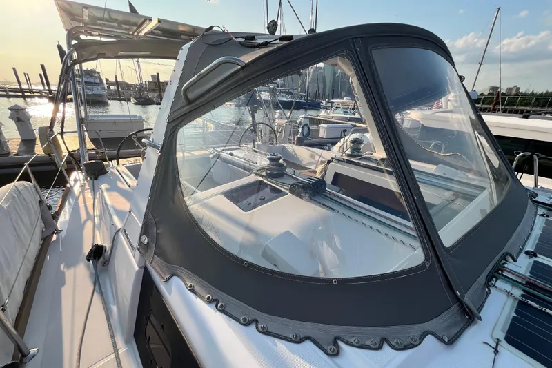 Wind Walker Yacht Photos Pics Beneteau Oceanis 41 sailboat cockpit with clear canopy, docked at marina, 2013 model.