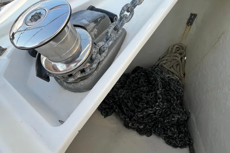 Wind Walker Yacht Photos Pics Anchor chain and winch on 2013 Beneteau Oceanis 41 sailboat deck.