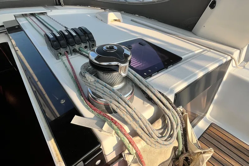 Wind Walker Yacht Photos Pics Winch and ropes on 2013 Beneteau Oceanis 41 sailboat deck.