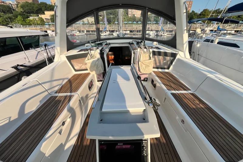Wind Walker Yacht Photos Pics 2013 Beneteau Oceanis 41 yacht cockpit with teak flooring and modern design.