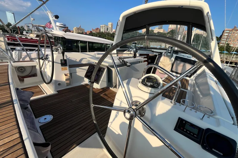 Wind Walker Yacht Photos Pics Cockpit view of 2013 Beneteau Oceanis 41 sailboat with dual steering wheels.